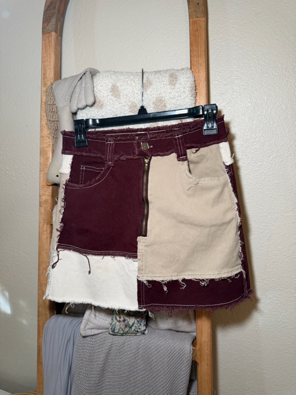 Fashion Nova Colorblock Patchwork Mini Skirt in Burgundy, Tan & Cream